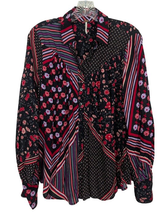 Free People Tops - Free People Womens XS Mixed Print Button Front Blouse Boho Floral Striped Viscos